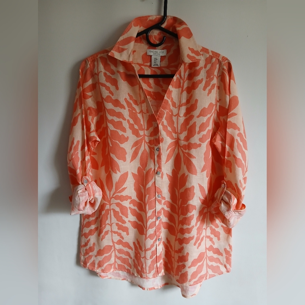 Rachel Zoe 100% Linen Orange Leaf Print Blouse SzSm Oversized Roll Tab Sleeve - Picture 7 of 9